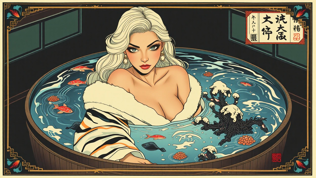 Vertical 3:4 Ukiyo-e print: Yamanba Gyaru with tanned skin, platinum blonde voluminous hair, dramatic white eyeshadow and bold eyeliner, frosted pink lips, wearing a tiger-striped fur robe slipped off bare shoulders, posed playfully gazing directly o