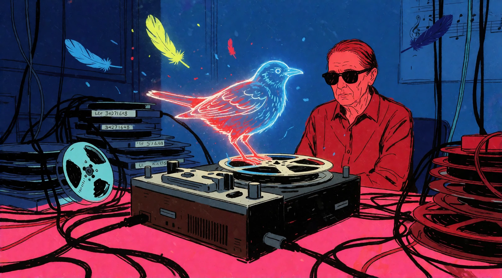 16:9 high-grade illustration, Mirrorize V4 pushed into raw avant-garde animation-cel territory, heavily influenced by loose gestural dual-tone linework (blue and red scribbled lines on flat saturated ground), hand-drawn energy with bold imperfect bla