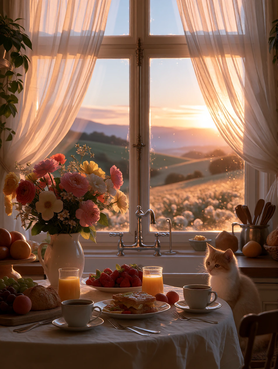 Ethereal morning, breakfast scene, cozy, kitchen, window with beautiful curtains, colorful, sunrise, kitten, and coffee