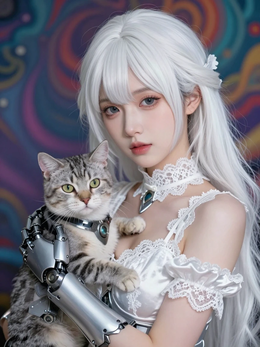 Closeup Beautiful mech goddess, satin and lace, white platinum hair, colorful otherworldly background, matte paint, with her mech cat