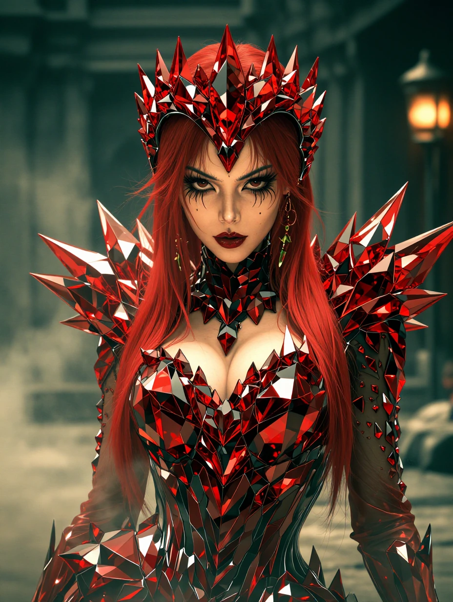 The Valentine's Day Avant-garde Red Haired Superstar singer dressed in rapier wit, a crimson glass shard costume that could work for a super villainess, crimson glass head band set with a pulsing ruby.