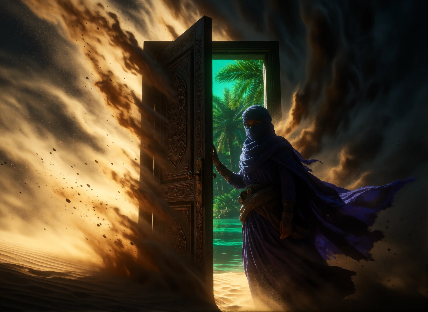A solitary ornate wooden door set upright in a vast desert, partially ajar, framed by a violent sandstorm rendered as swirling golden dust and dark sh