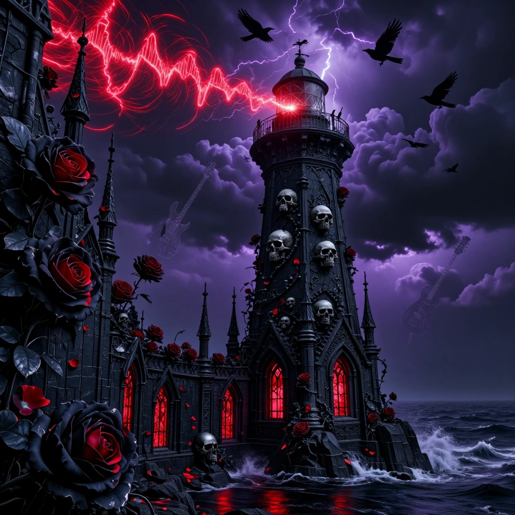 colossal gothic lighthouse rises from jagged black cliffs, constructed from weathered obsidian stone, towering skulls, wrought-iron spires, and twisti