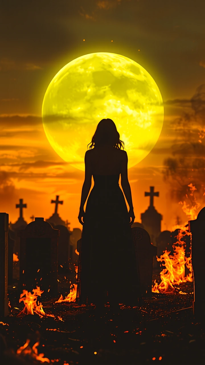 A female figure standing amid burning gravestones at dusk, her silhouette backlit by orange flames, the sky behind her dominated by an enormous glowing Venus hanging low on the horizon in sickly yellow-green, casting long shadows across the graveyard