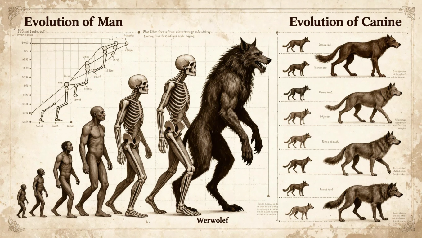 Evolution of man poster, seven stages, Evolution of Canine poster, wolf to werewolf transformation, scientific diagram style, anatomical progression, monochromatic sepia tones, vintage educational chart, dramatic metamorphosis, The two evolutionary c