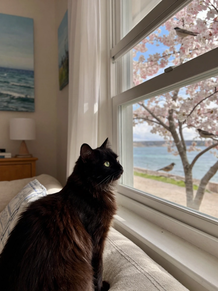 fluffy black cat on windowsill turned to show its adorable face while still looking out at spring birds, cozy living room with ocean-themed decor visible, coastal artwork on walls, soft blues and whites, natural spring sunlight streaming through wind