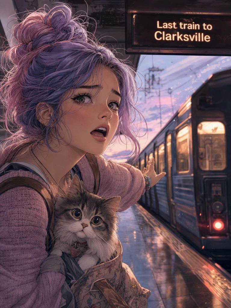 Closeup Beautiful woman, lavender and pink messy bun hair, with her cat, barely missing the train with a sign “Last train to Clarksville”. comfortcore photo manga mix