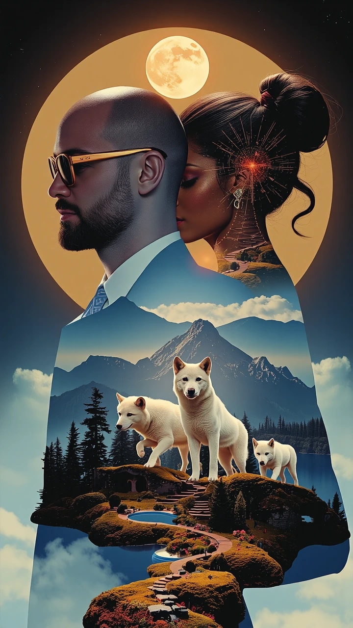 Your Geometry of a Quiet Soul Prompt: Create a hyper-realistic cinematic double exposure masterpiece titled “Your Geometry of a Quiet Soul.” Feature our iconic couple: a bald man with a trimmed beard and sunglasses standing beside a breathtaking bomb