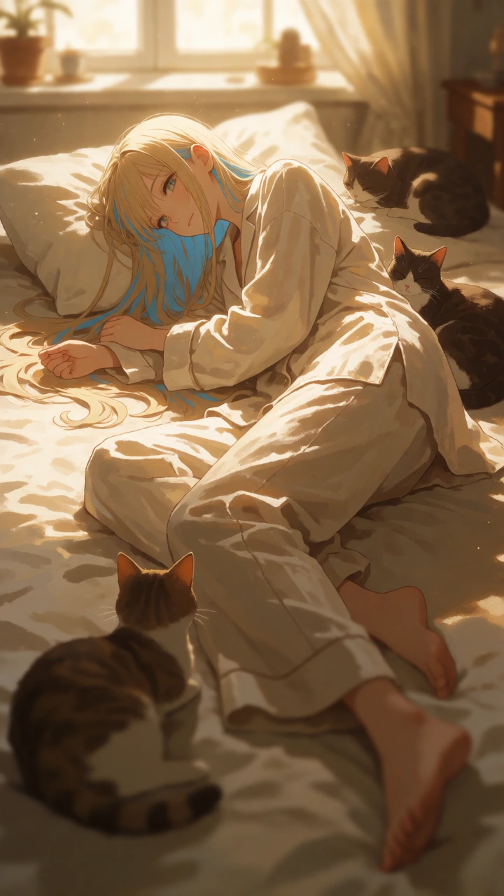 Woman with long blonde hair and cyan lowlights, cyan eyes, lying across a rumpled bed in golden morning light from a window, surrounded by three cats in various poses, wearing oversized cream linen pajamas, her expression drowsy and content, shot in 