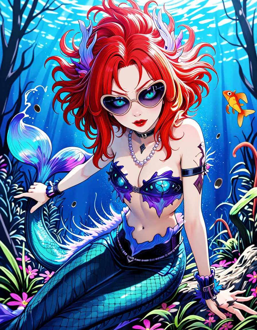 ariel, disney mermaid 1girl, fair skin, red lips, red hair, large aqua eyes, goth outfit, torn revealing clothes, goth makeup, looking at viewer, she is wearing 70s heart shaped sunglasses and pearls