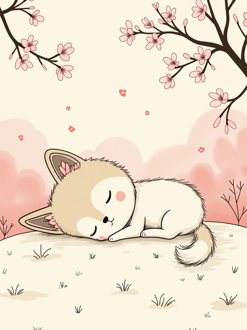 Japanese ink art style close-up illustration of a wolf pup stretching and waking up in soft morning light, delicate cherry blossoms falling around it in soft pastel pinks and whites, minimalist brushwork with flowing ink lines, ethereal and dreamy at