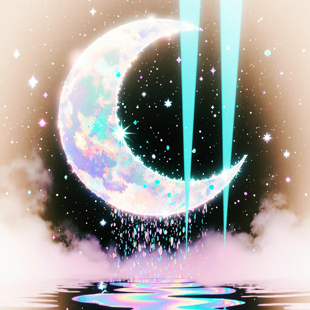A luminous crescent moon suspended in a pitch-black cosmic void, casting ethereal silver-purple light that pierces through a dense shower of glowing p