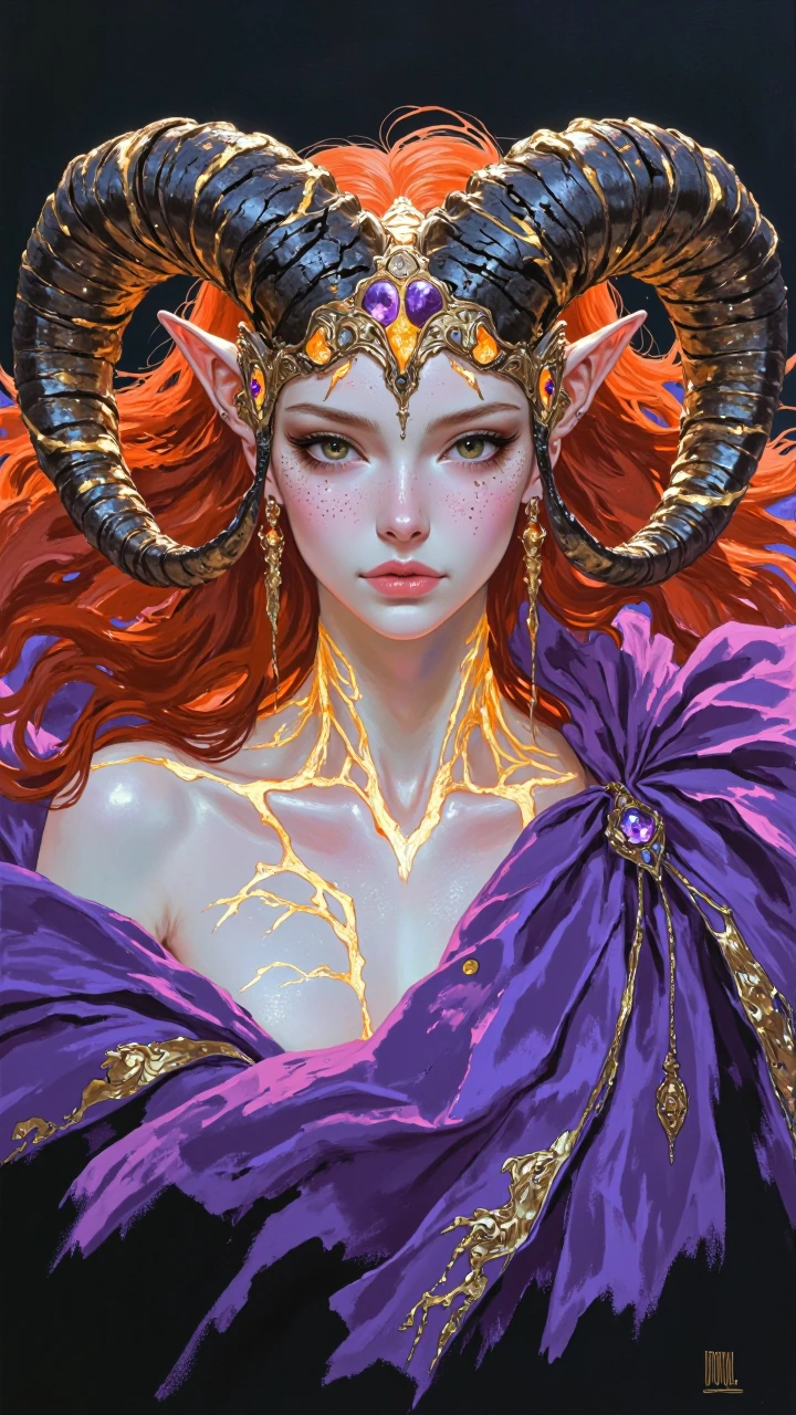 Fantastical ethereal character portrait, centered bust-up composition, long flowing crimson-red hair interwoven with glowing golden-orange light strands, massive curved ram-like horns with dark cracked basalt texture revealing molten golden-orange gl