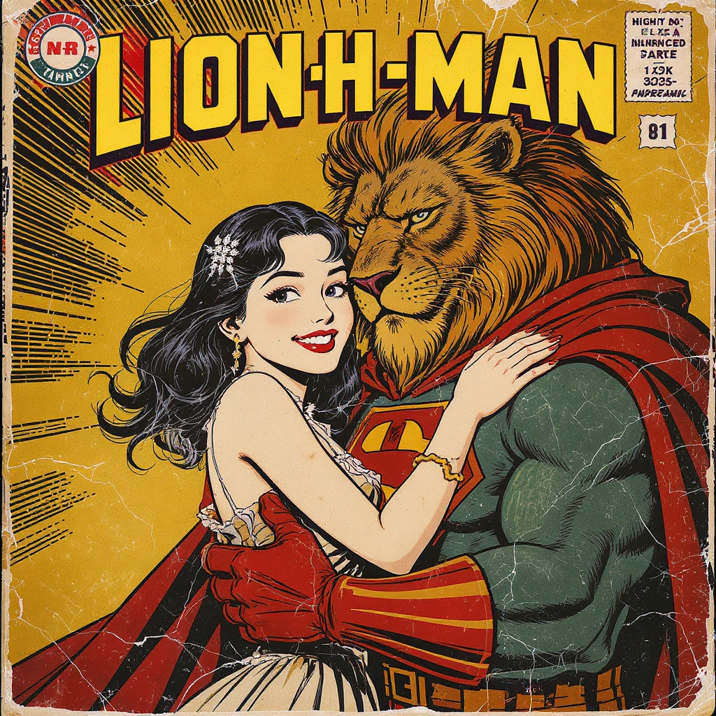 A vintage comic book cover with a worn, pulp-inspired aesthetic, featuring a lion-headed superhero man juxtaposed with a beautiful girl with black hair, porcelain skin, and a happy expression, against a warm, sun-bleached background with bold, dynami