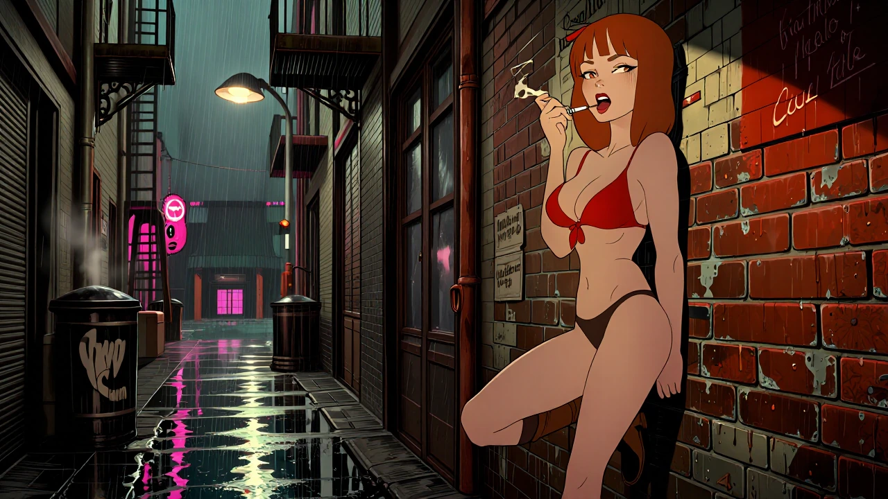 Cinematic keyframe blending hyper-realistic environments with classic Ralph Bakshi-style animation cels from the Cool World era. Strong auteur cinematography and moody film noir lighting. A seductive red-haired woman in bold Cool World animation styl