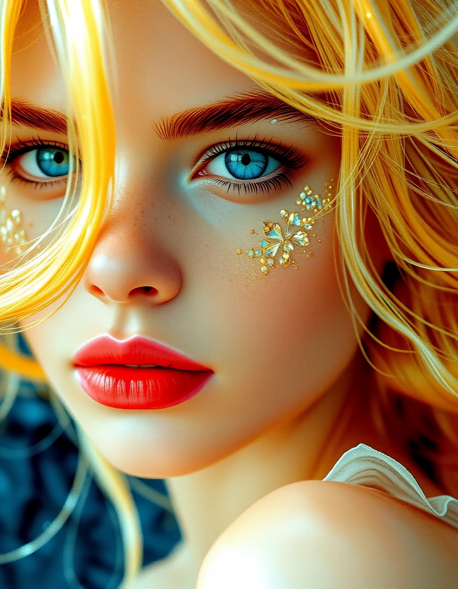 An ethereally beautiful woman, striking blue eyes, lustrous champagne blonde hair cascading down her back, delicate facial features, fine nose, full c