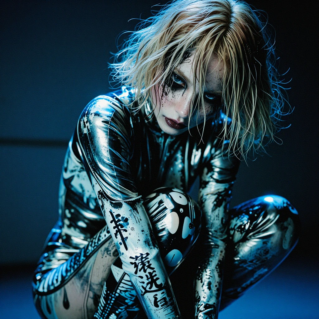 Cinematic close-up of a person crouching, wearing a glossy black-and-white graphic latex catsuit featuring bold animal prints and kanji lettering. Bleach-blonde wet-look hair with dark streaks. Avant-garde makeup with textured dark splatters across t