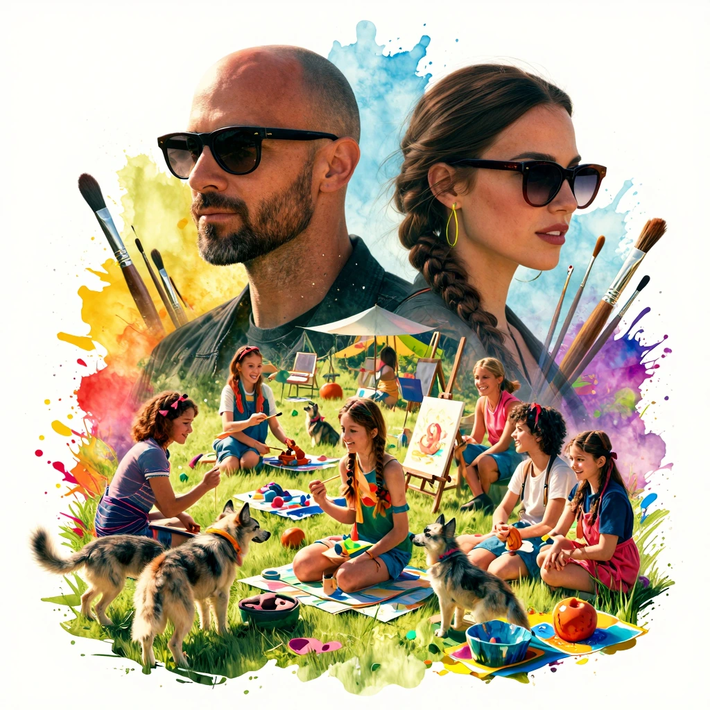 Double exposure portrait of a bald man with trimmed beard and sunglasses and a bombshell brunette with twin braided tails surrounded by playful wolf p