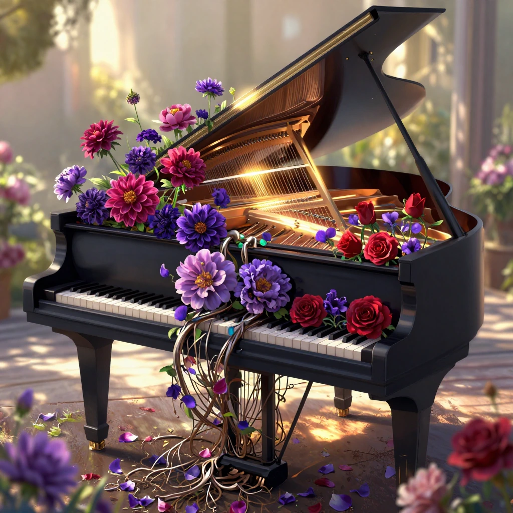Black grand piano on a sun-drenched patio, lid propped open, with luminous strings spilling from inside like vines and rooting into earth where they bloom into jewel-toned wildflowers—magenta dahlias, deep purple peonies, crimson roses—metal transfor