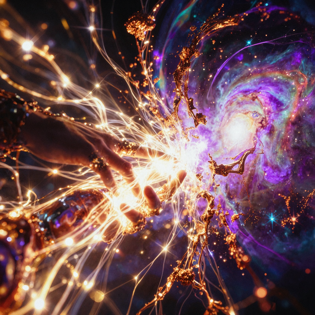 Cosmic entity of starlight and nebular gas pulling apart colliding galaxies, hands streaming gold and violet light like silk through her luminous form