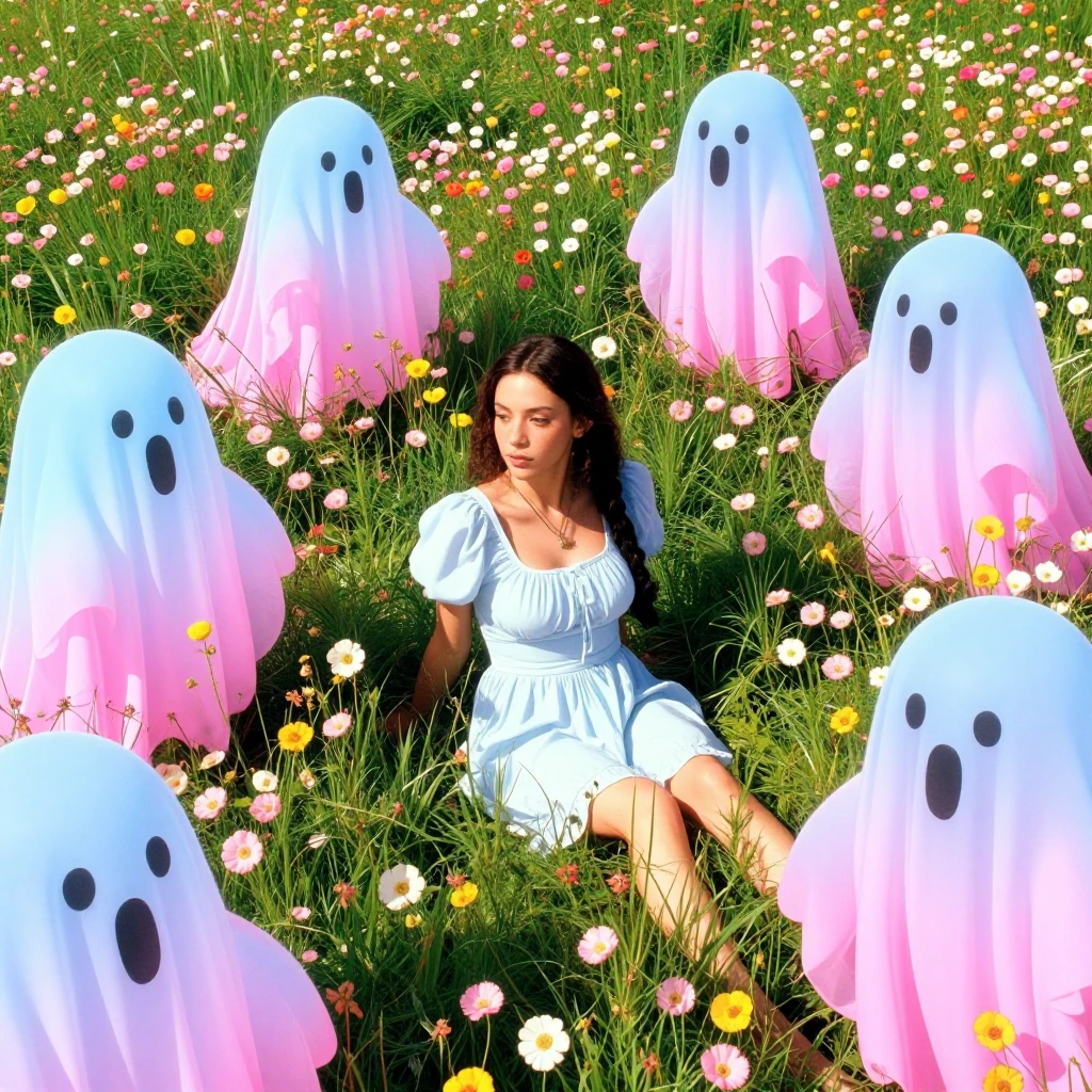 A serene woman sitting in a meadow filled with wildflowers, surrounded by semi-transparent happy ghost shapes drifting in pastel blue and pink hues, b