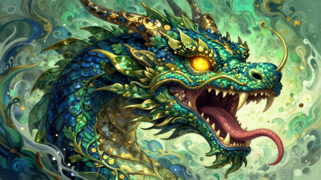 Vibrant high-detail fantasy illustration of a mythical dragon-serpent head dominating the frame, extreme close-up 3/4 angle, wide-open mouth with shar