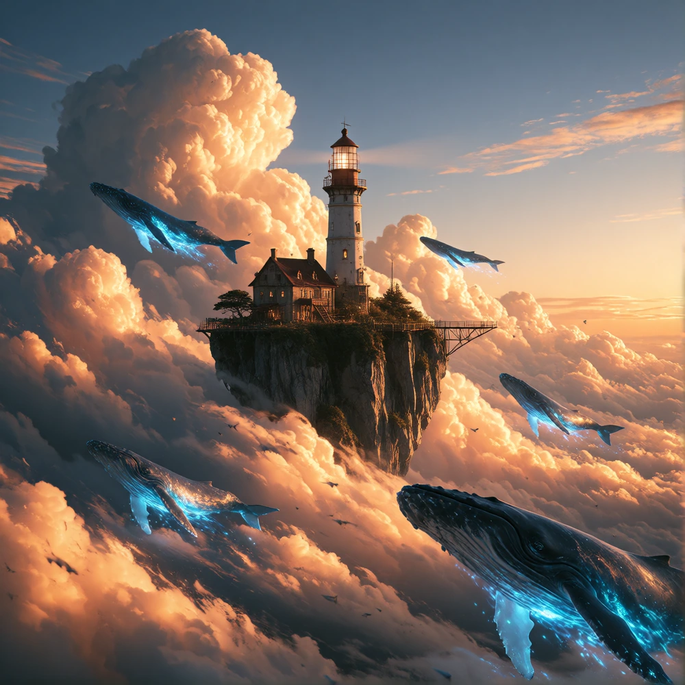 A lone lighthouse on a floating island drifting through a sea of golden clouds at sunset, bioluminescent whales swimming through the sky around it, cinematic wide shot, dramatic volumetric light, hyper-detailed, epic fantasy concept art