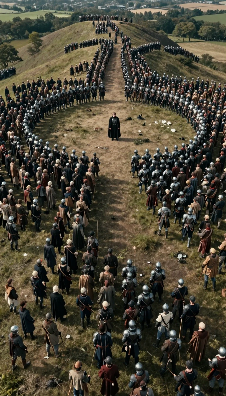 Aerial Shot of The Death of 1000: The vast Royal army encircled the rebels upon the hilltop. The rebels number 1000, poorly armed and equipped wearing