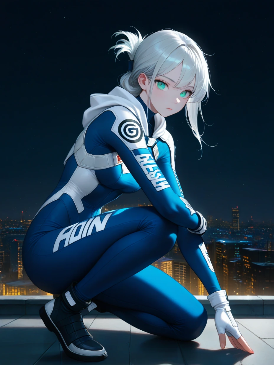 masterpiece, best quality, very aesthetic, amazing quality, 1girl, solo, goeun , Silver hair, mint eyes, folded ponytail, blue bodysuit, bodysuit, whi