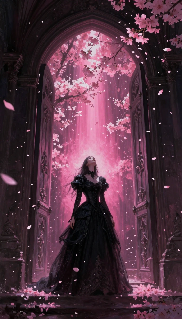 A solitary figure, clad in a richly decorated black gown, stands beneath an imposing arched doorway, gazing skywards in a contemplative pose. Thousand