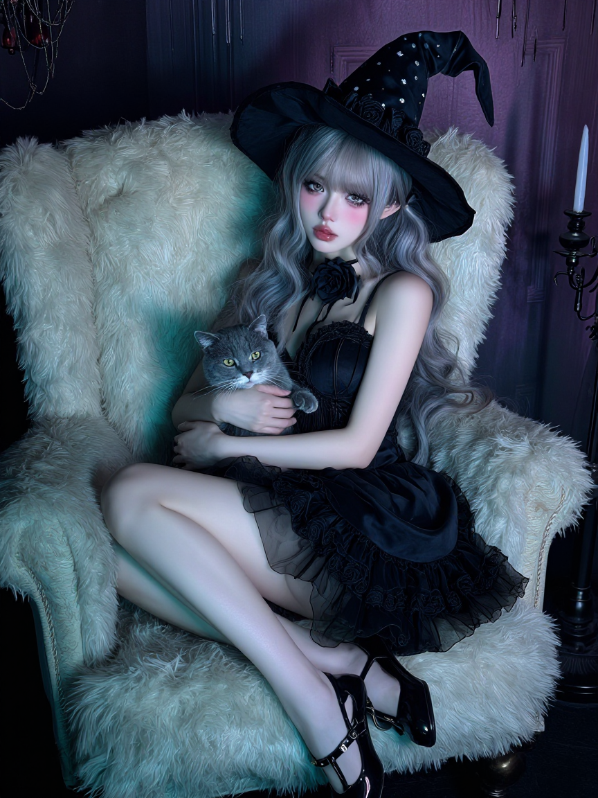 beautiful witch sitting in a fluffy chair with her cat, pastel goth, realistic, luminism, spooky ambiance