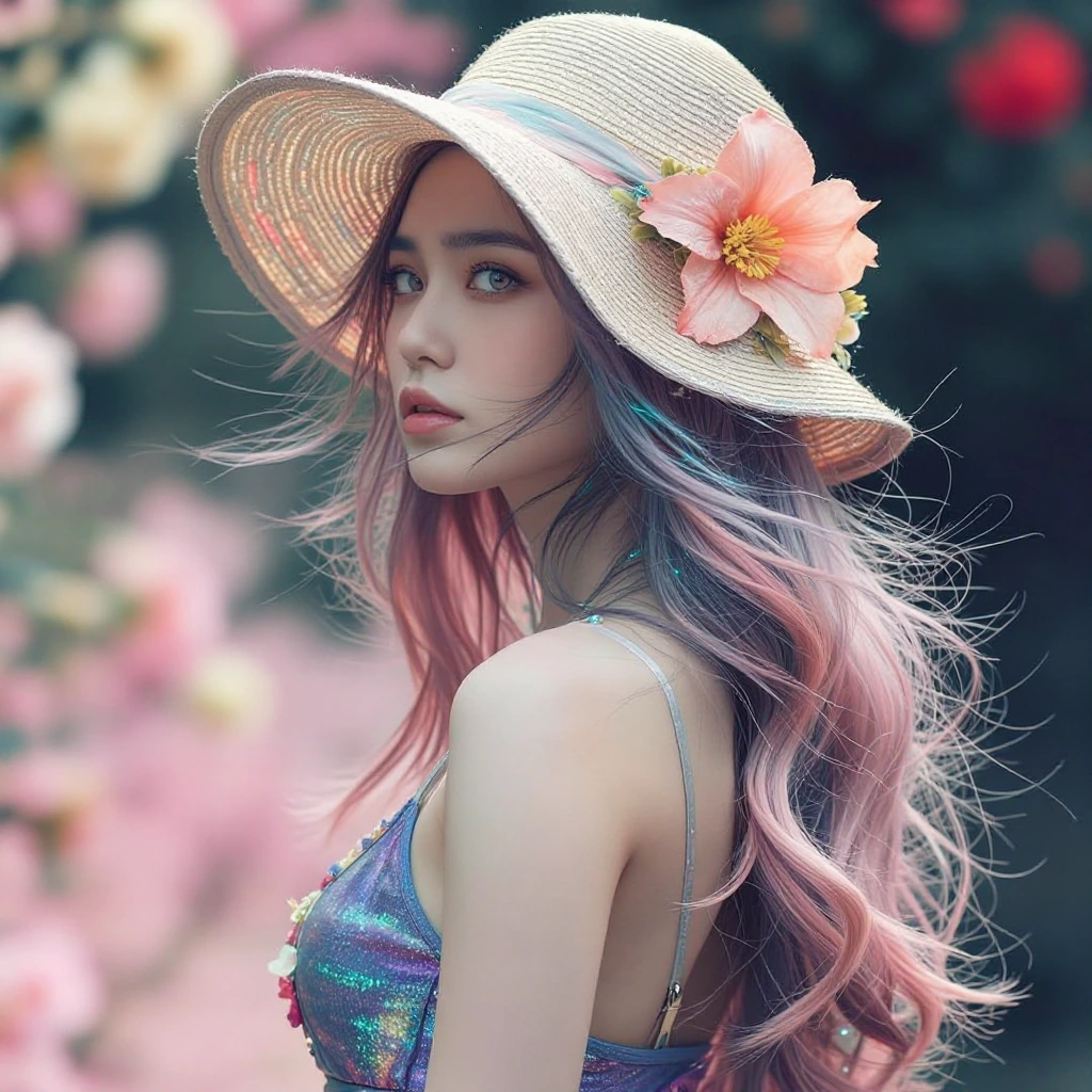 A dreamy, idealized digital illustration showcases a young woman, viewed from the chest up, radiating serene beauty Her long, wavy hair flows in a cascade of pastel pinks, lavenders, and peachy tones, framing a face with flawless skin and large, ligh
