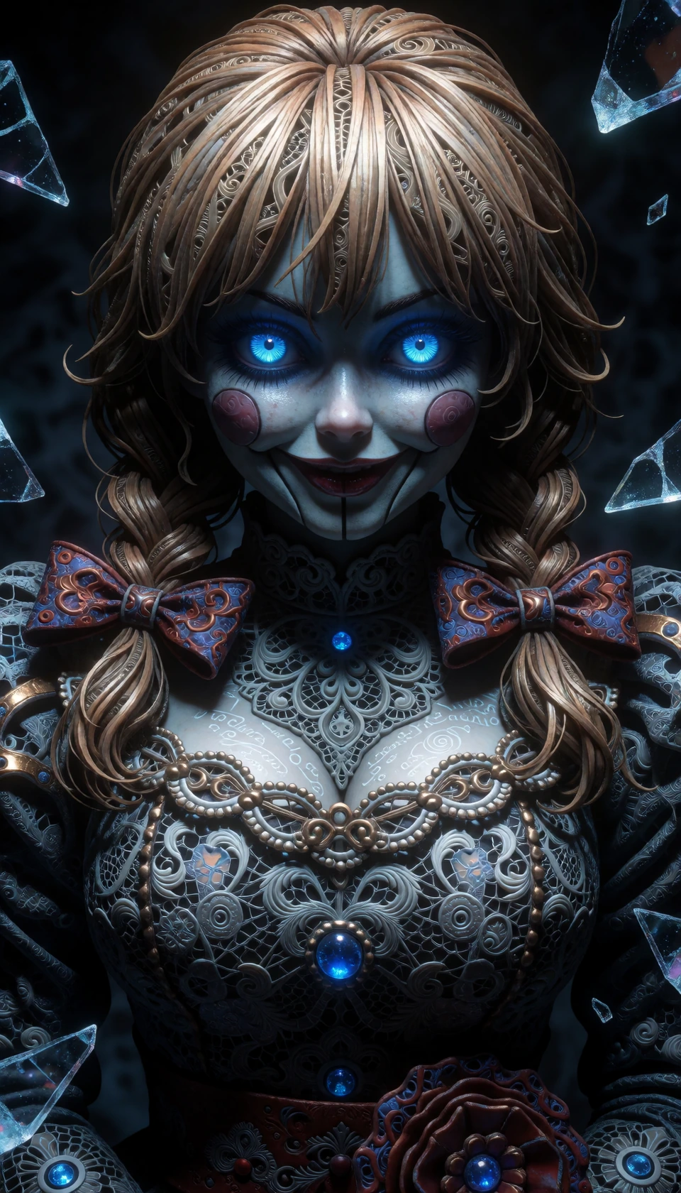 Full body portrait of Annabelle the evil doll, ornate and intricate porcelain design featuring hidden micro-cracks and an antique lace mosaic. Utilize Op-Art principles and high-frequency moiré patterns within the lace to simulate physical motion and