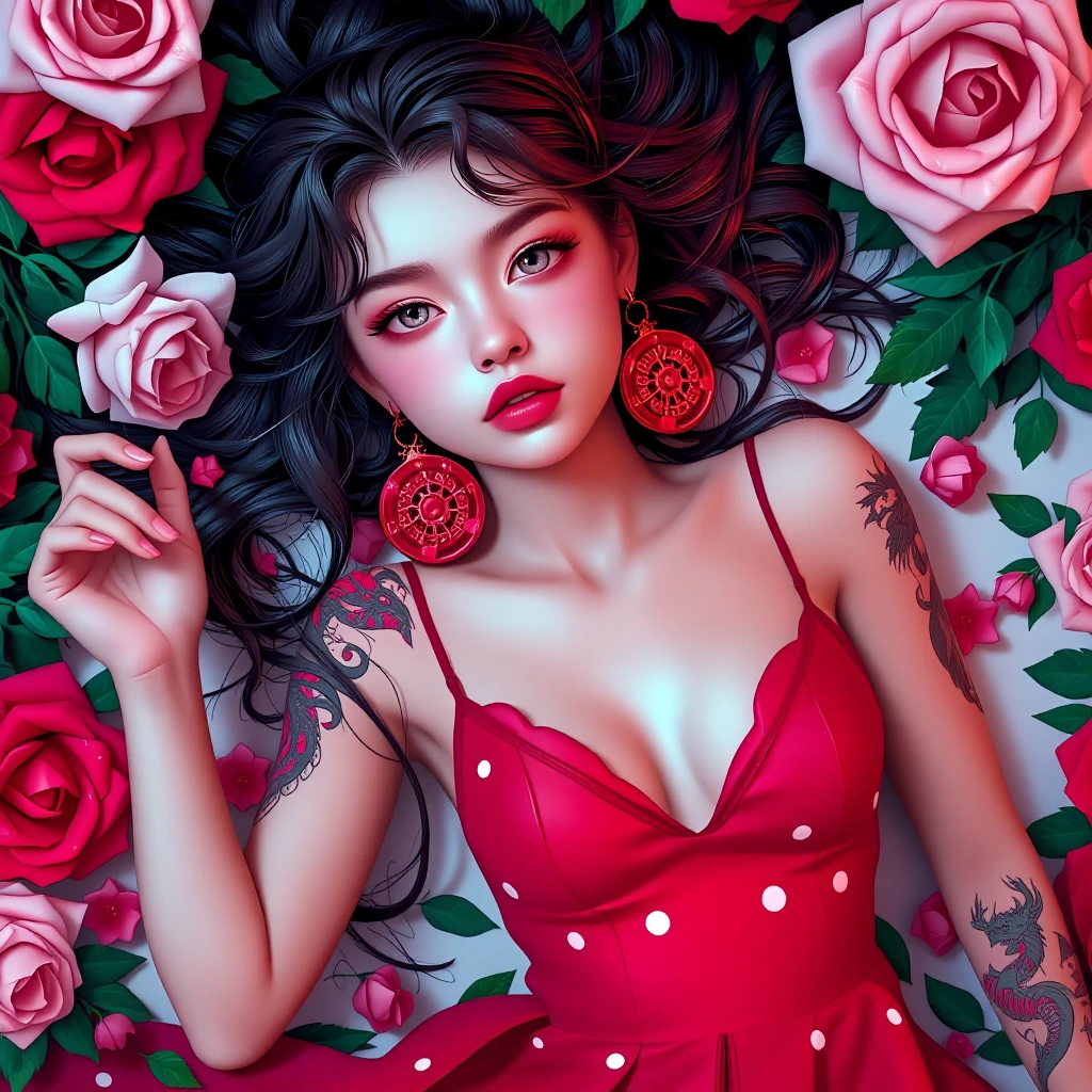 { "image": { "composition": { "framing": "character centered with floral elements surrounding", "visual_balance": "harmonious balance between character and background" }, "elements": { "background": { "elements": { "atmosphere": { "color_palette": "s