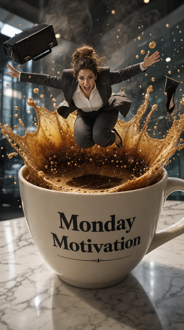 Businesswoman mid-cannonball dive into a swimming-pool-sized coffee mug, suit billowing, briefcase tumbling, heels airborne—shot from low angle with wide lens exaggerating scale. The espresso erupts in slow-motion splash crown, foam catching golden l