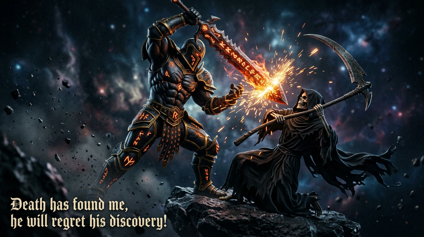 Hyper-realistic image of two powerful combatants. In Cosmic space Sparks fly as The Grim Reaper uses his scythe to desperately parry a massive serrated Rune sword wielded by a hyper-muscular Chaos Knight dressed in fully sealed black and gold runic a