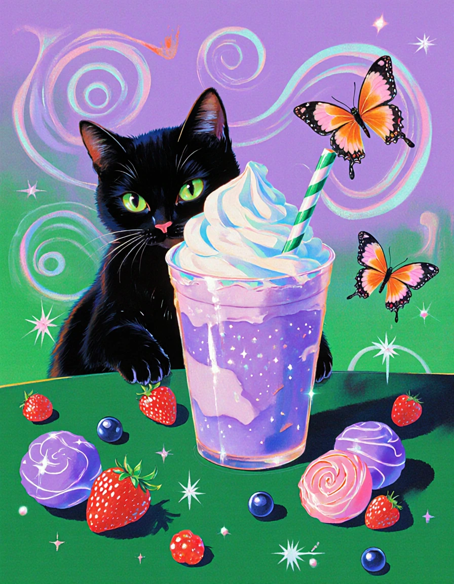 Artsy swirls, butterflies, Fancy frappe, lavender, green, ombre, fancy candy, berries, and fruit around it, a cat peaks over the table at. Whipped cre