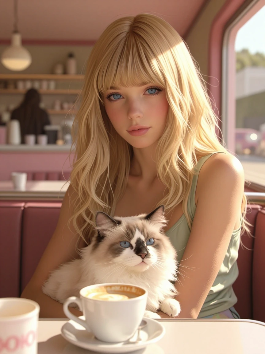 Women 70s style blond shag hair, sitting at a 70s style café with a fluffy cat, blue eyes, sunny day, coffee time