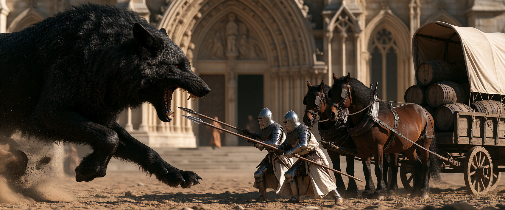 Jet Black Giant Wolf Taller at the shoulder than a Human. Captured charging toward the Horses from the left side of the image. In the centre of the image in the foreground; Two Medieval Spearmen Guards wearing plate-mail with helmets and Church Guard