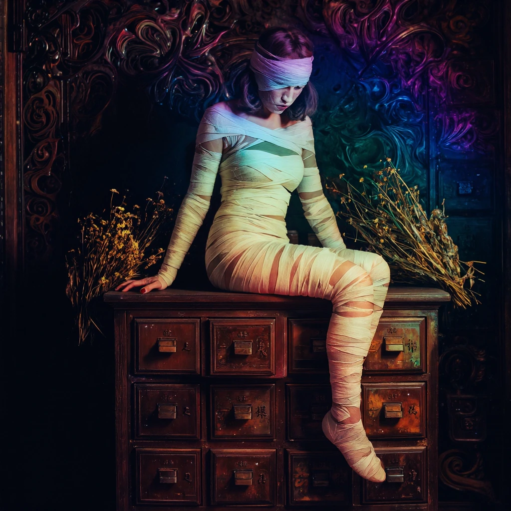 A woman sits atop an ornate wooden apothecary cabinet, her body wrapped in cream-colored bandages like a mummy. She wears a sage-green long-sleeved top, with gauze coiling around her torso, arms, and legs. Her dark hair frames her face as she gazes d