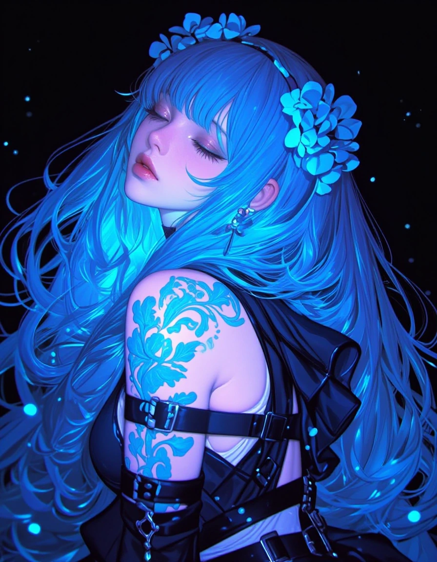 # Luminescent Fantasy A striking anime character radiates ethereal beauty against a starlit void. Her flowing blue hair glows with cyan luminescence, adorned with delicate flowers that echo her ethereal nature. Intricate floral tattoos wind across he