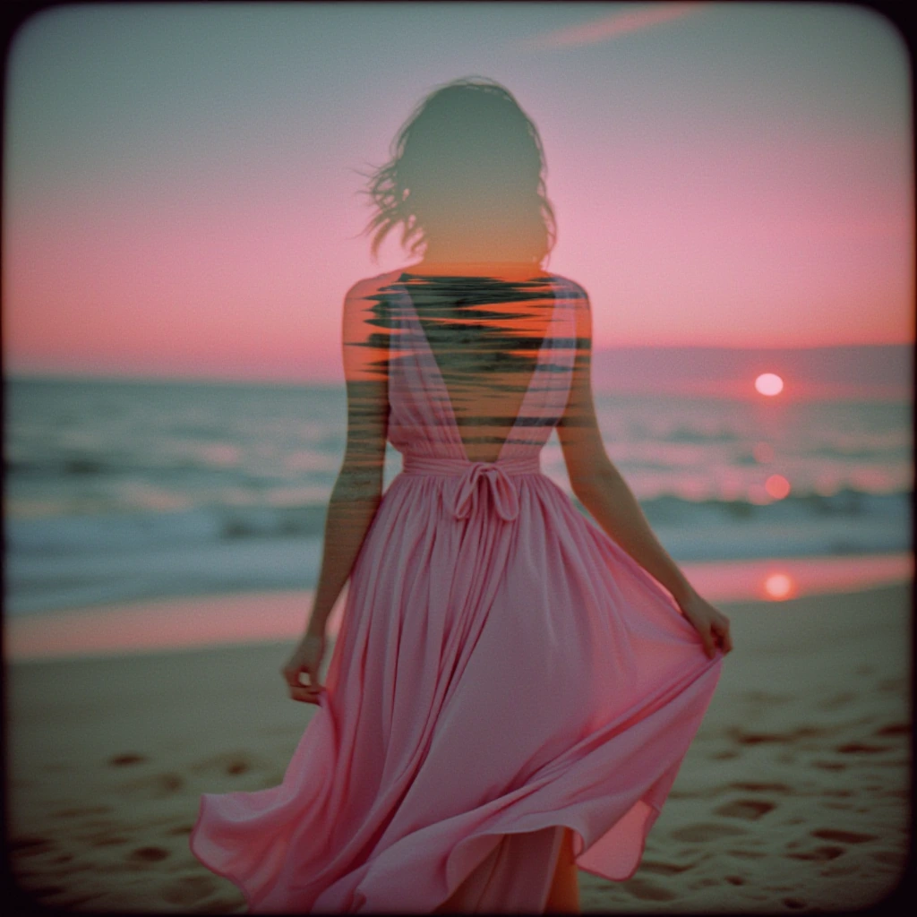 Girl in flowing pink dress, pink sunset beach, soft romantic aesthetic, golden hour light, serene