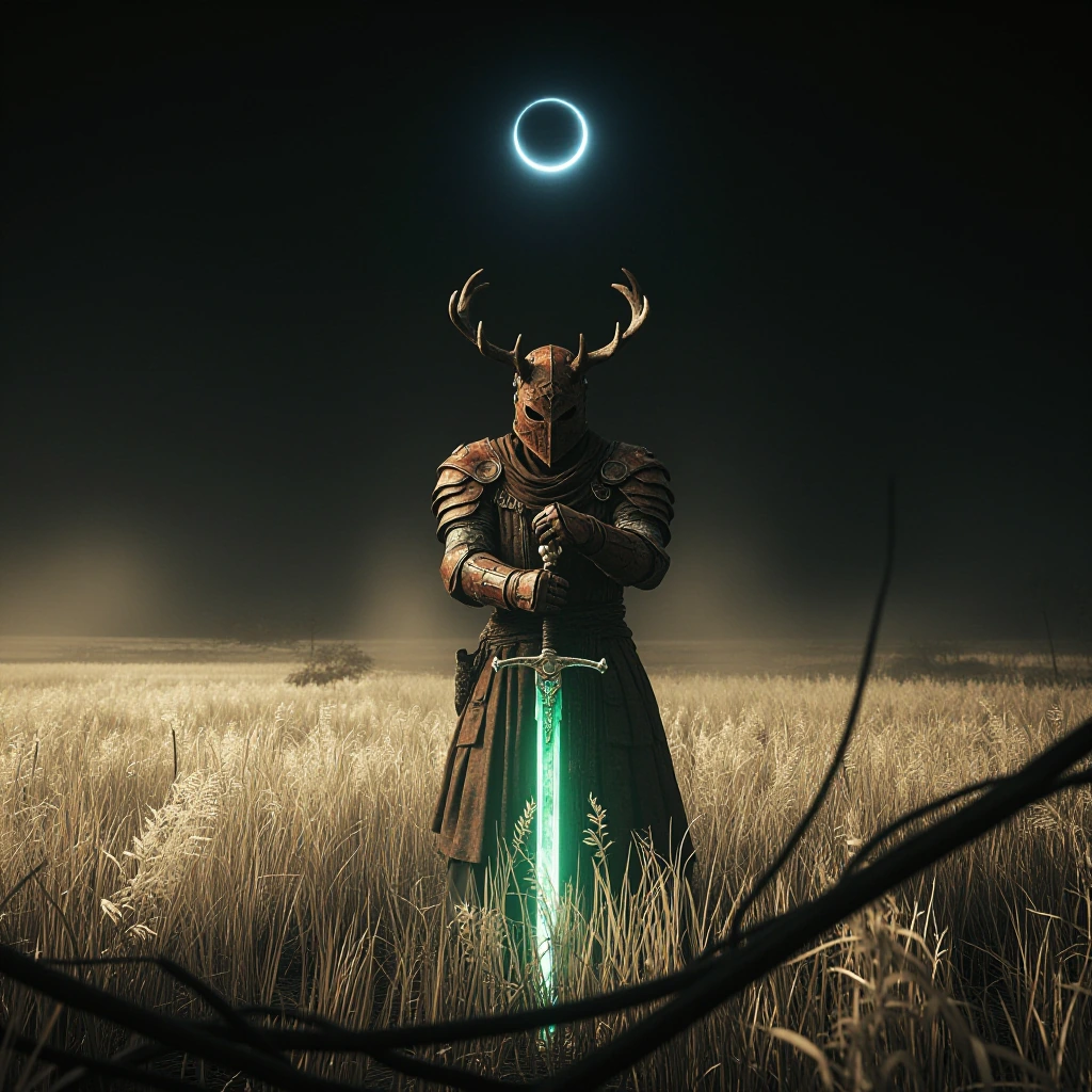 Atmospheric dark fantasy illustration of a rustred armored revenant leaning forward on a glowing emerald sword in a field of tall cream grass. Its antlered helmet aligns with a circular cobalt eclipse while both gauntlets grip the pommel. Dark branch