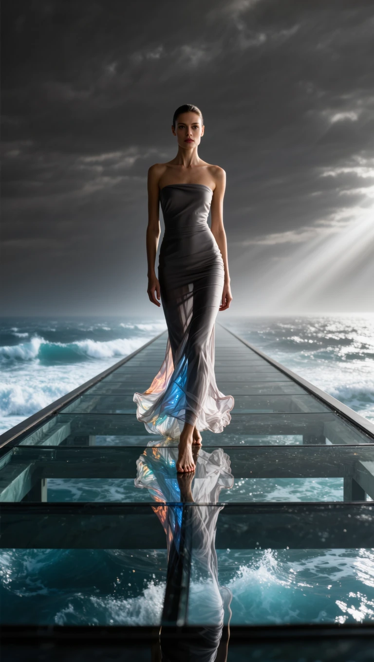 Supermodel stepping barefoot onto an endless glass bridge above a glowing ocean, translucent flowing skirt trailing behind her, colors bending and refracting under her steps like liquid prisms. , realistic