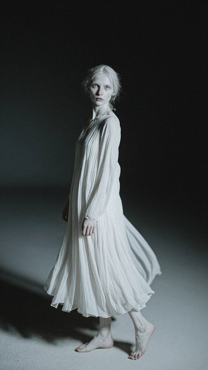 Full body portrait of an ethereal woman with pale, angular features and an unsettling serene expression. She wears a pristine white flowing dress or minimalist light outfit that contrasts sharply with her dark, haunting presence. Her posture is compo