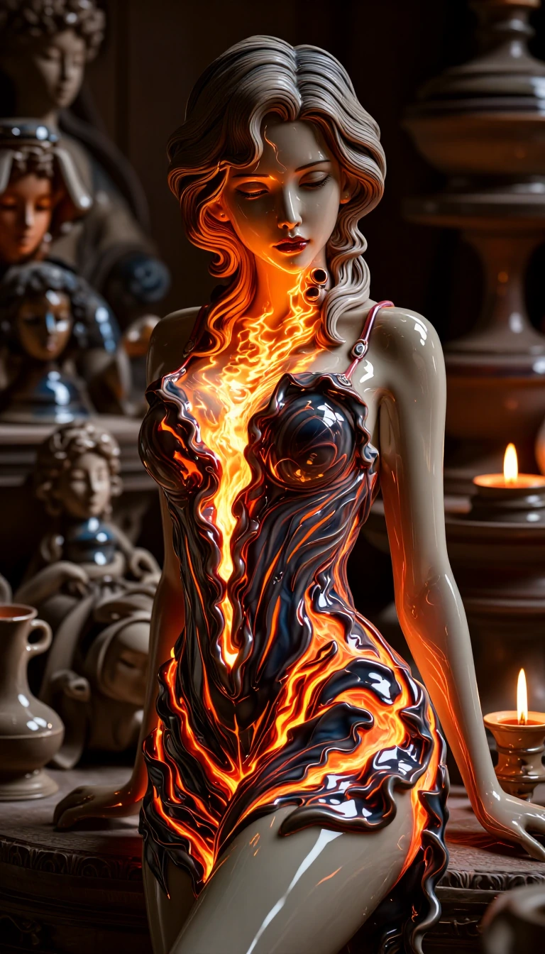 Beautiful living ceramic woman, flip mini dress, glowing lights like lava flowing over her ceramic skin
