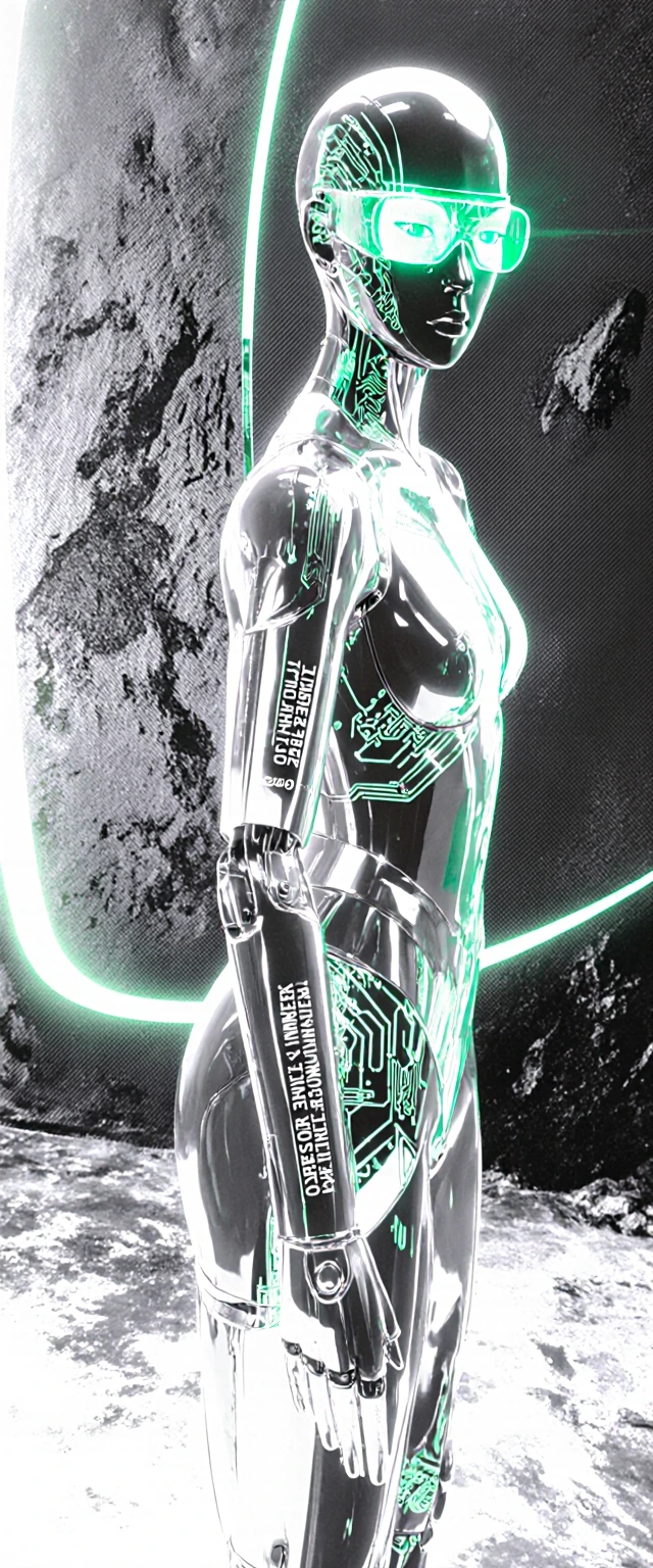 ​A single, solitary highend female cyborg in a vertical 9:21 aspect ratio composition, captured in an aweinspiring fullbody wide shot, visible from he