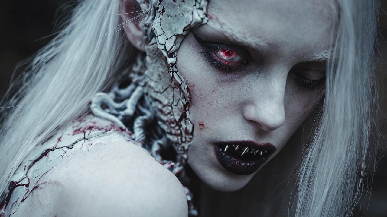 Extreme close-up cinematic portrait of an ethereal albino woman with deathly pale white skin and platinum-white hair, one eye wide open with intense red irritation and blood vessels, the other eye peacefully closed with long lashes. Dark bloody lips 