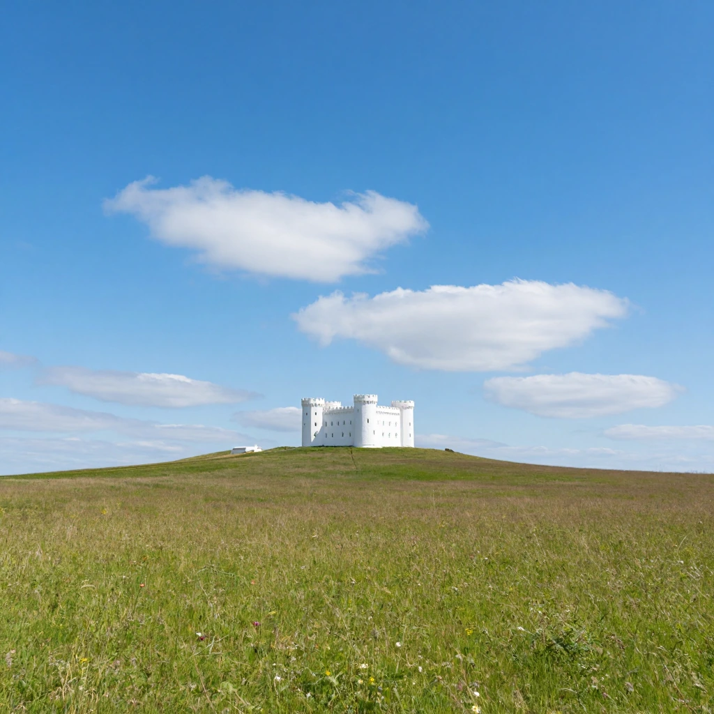 pinterestcore06, wide shot, scenery, hill, horizon, blue sky, cloud, white castle,
