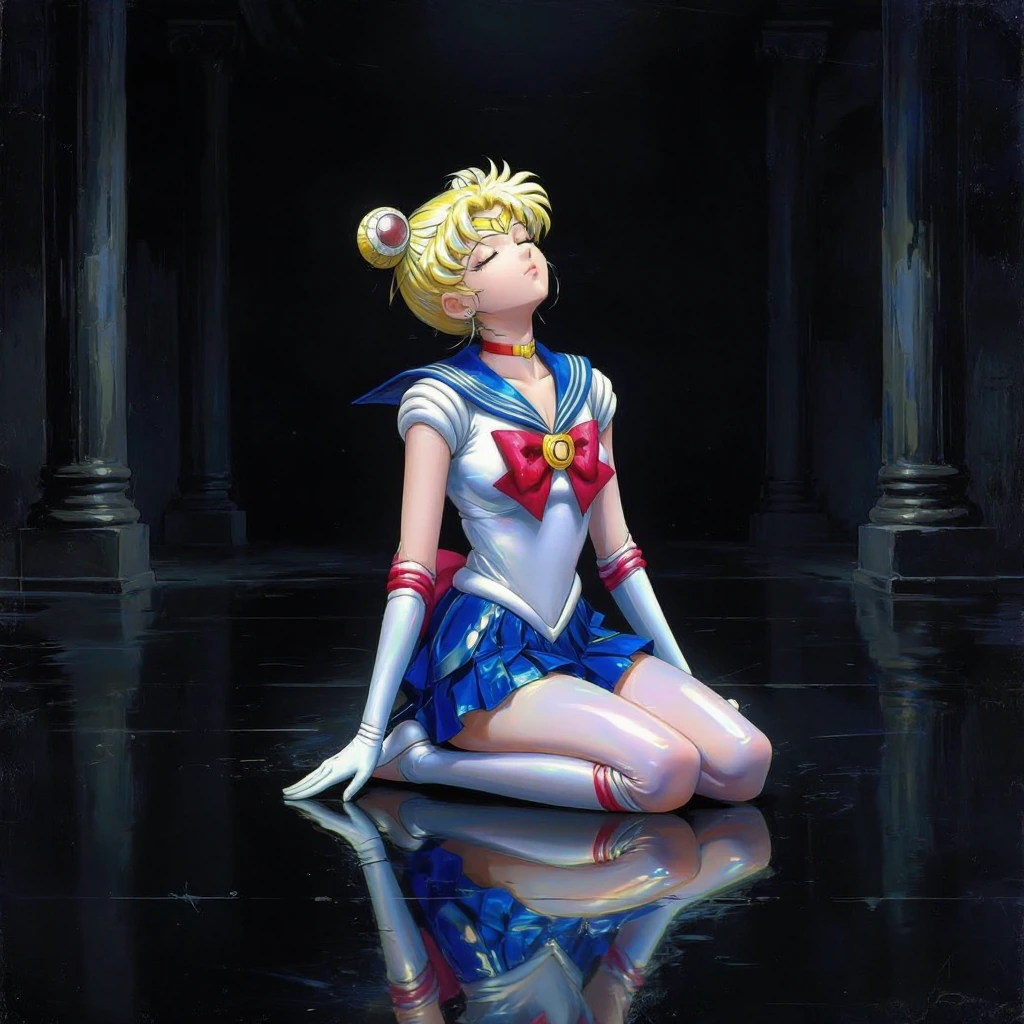 In an aesthetic vision, a woman kneels in a serene sitting position on a perfectly smooth, reflective **mirror floor**, wearing the iconic **Sailor Mo